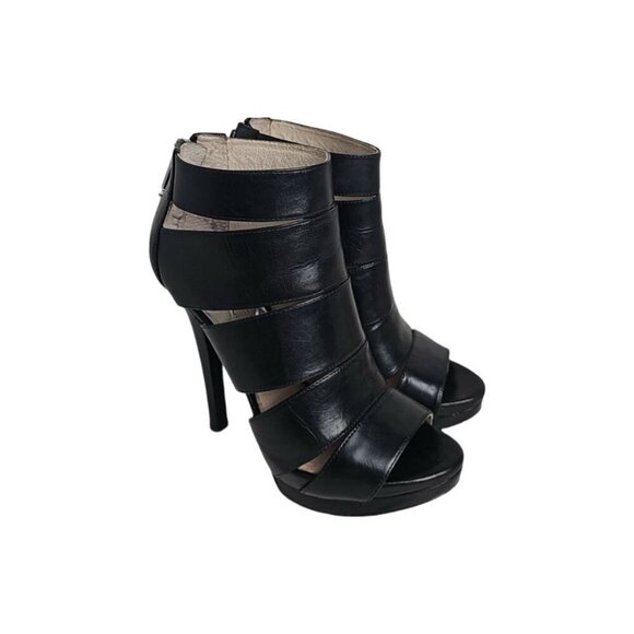Michael Kors Gisele Black Leather High Glossed Caged Platform Stiletto Boots 8 - Picture 1 of 14